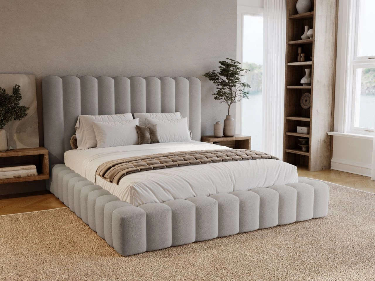 Łóżko tapicerowane z pojemnikiem i stelażem 160x200 cm Rotto Jasnoszare