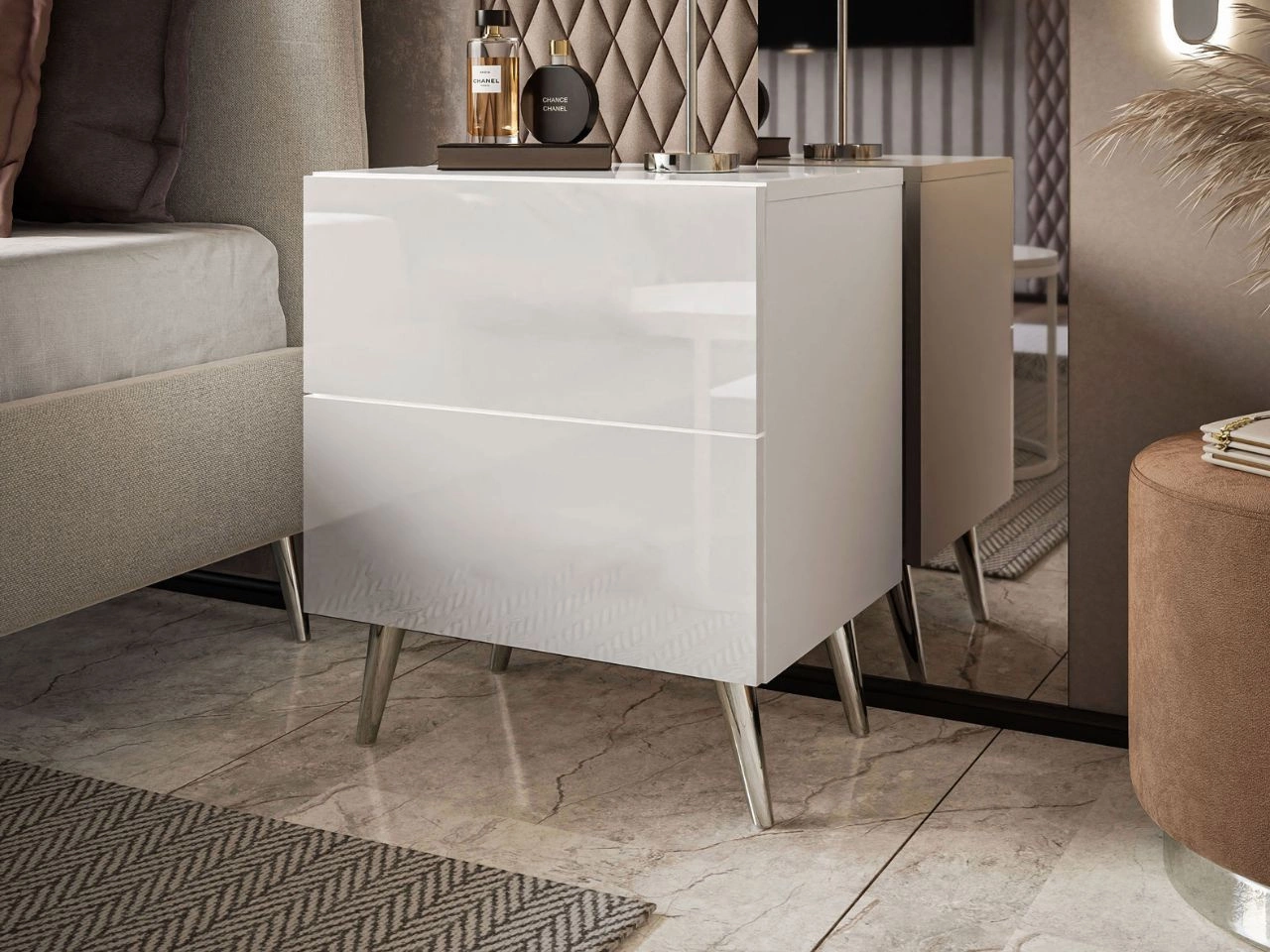 Stolik nocny z szufladami na srebrnych nogach Noaé Lux Biały połysk