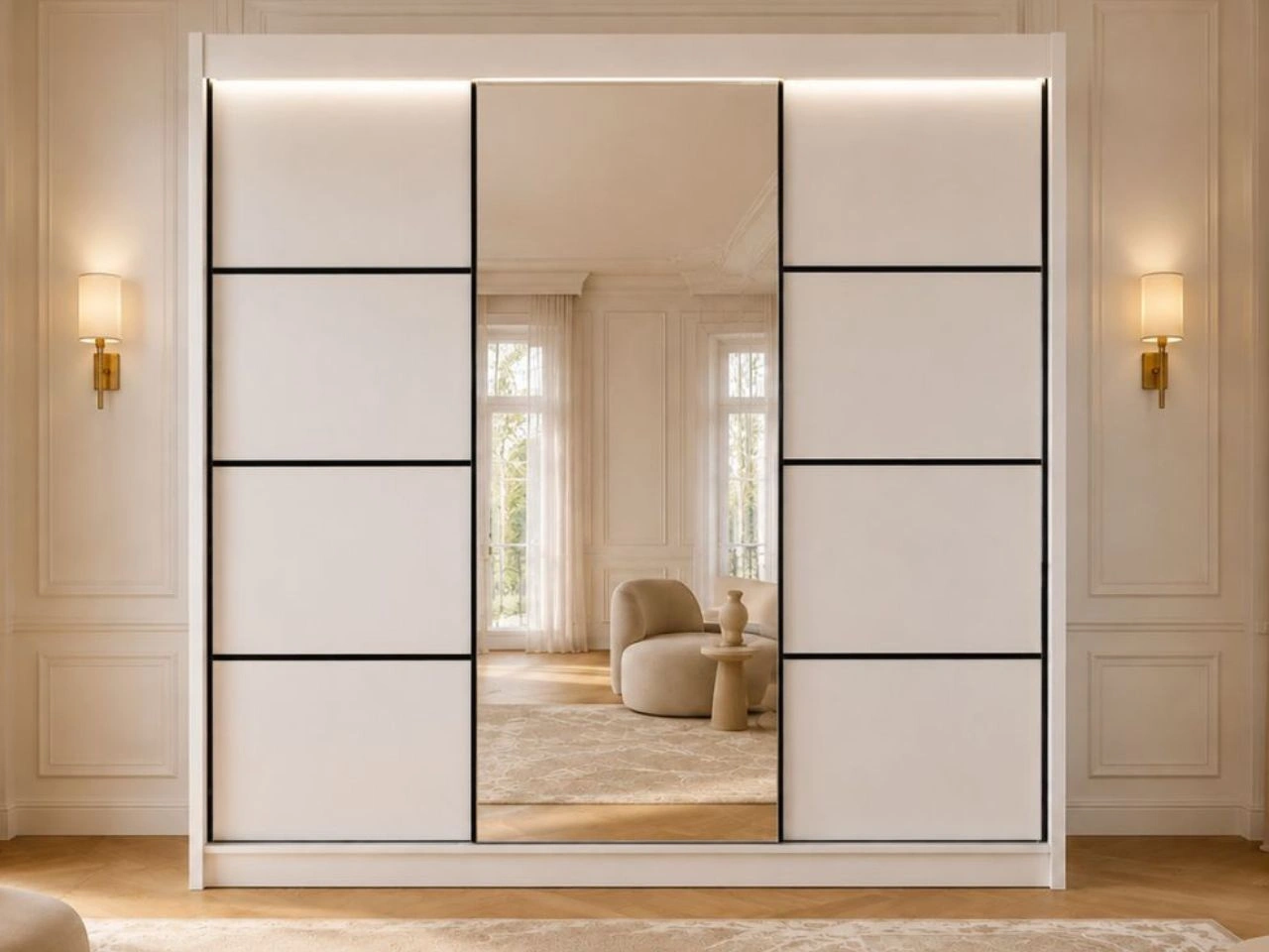 Szafa przesuwna z lustrem 250 cm z oświetleniem LED Portel Biała
