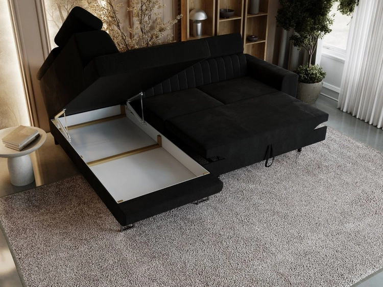 Narożnik z funkcją spania i pojemnikiem Berona lewy Czarny