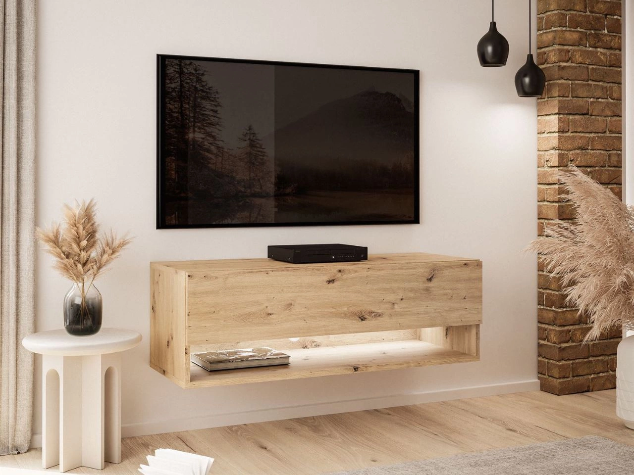 Szafka RTV wisząca 90 cm do salonu z oświetleniem LED Aurelie Dąb Artisan