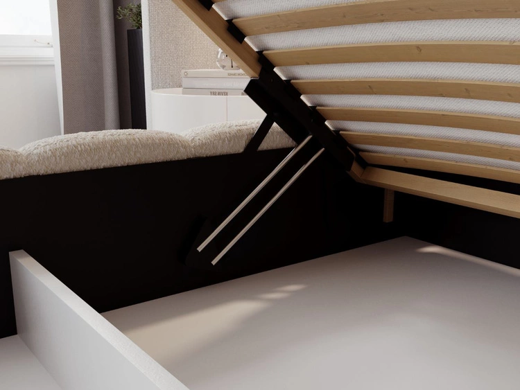 Łóżko tapicerowane z pojemnikiem na pościel i stelażem 120x200 Modo w tkaninie bouclé Beżowe