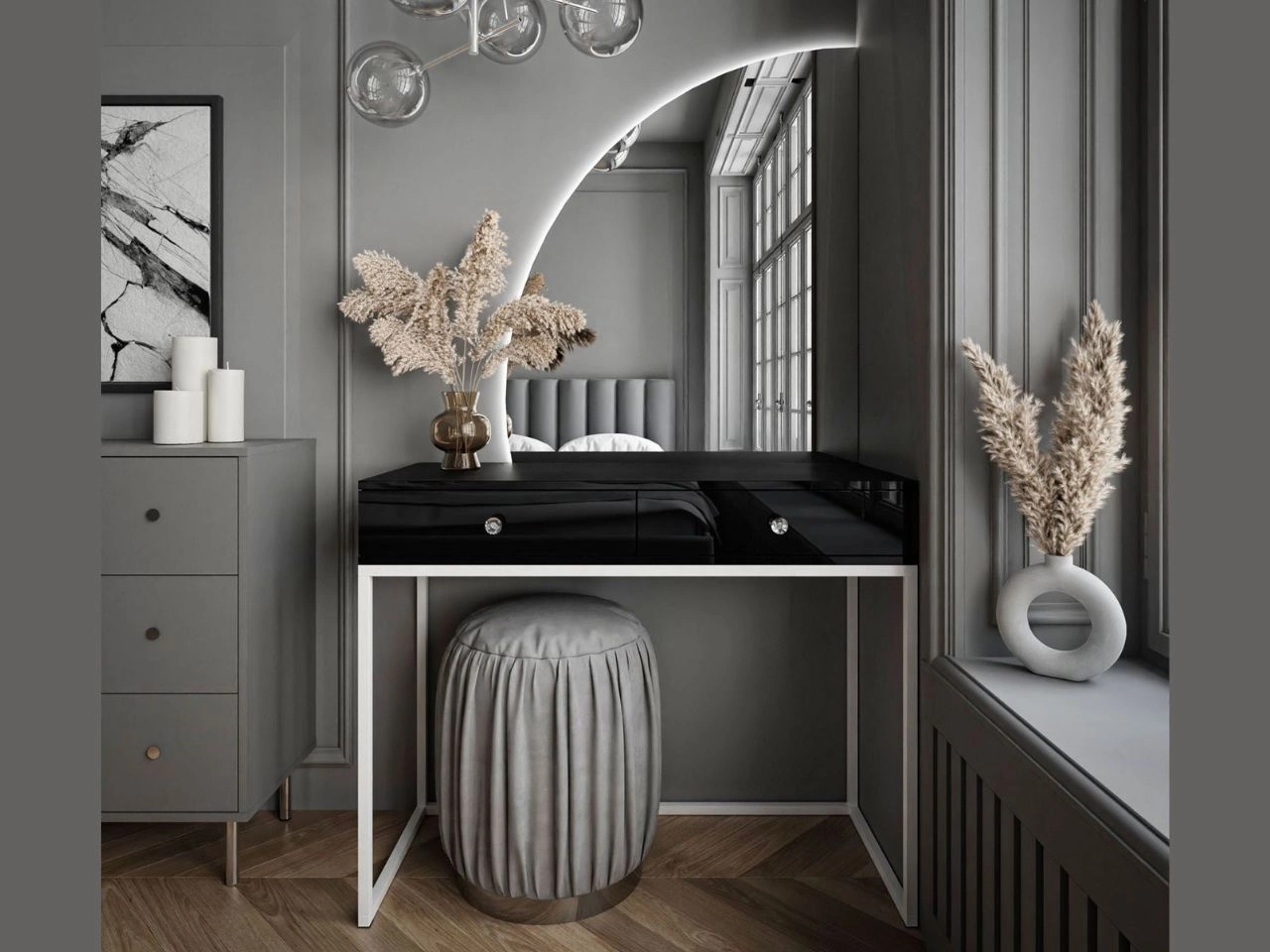 Toaletka kosmetyczna lewostronna z szufladami i oświetleniem LED na białych nogach Clarette Czarny połysk