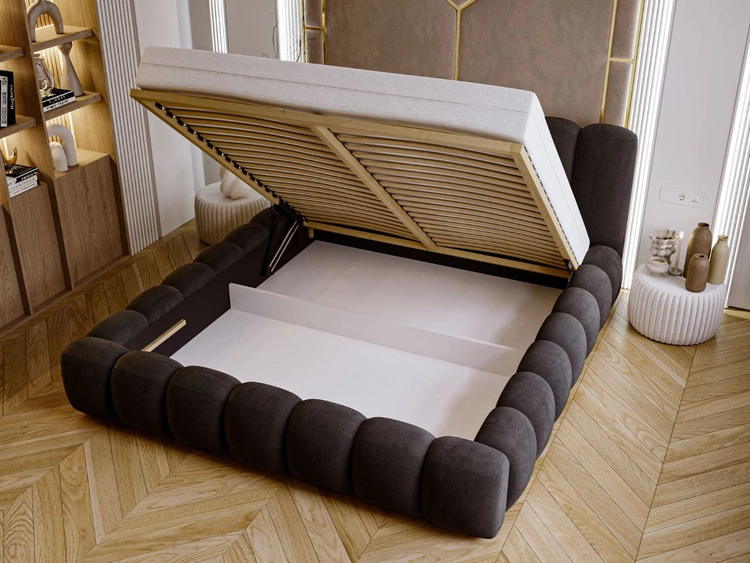 Łóżko tapicerowane z pojemnikiem i stelażem 140x200 Averia Czarny