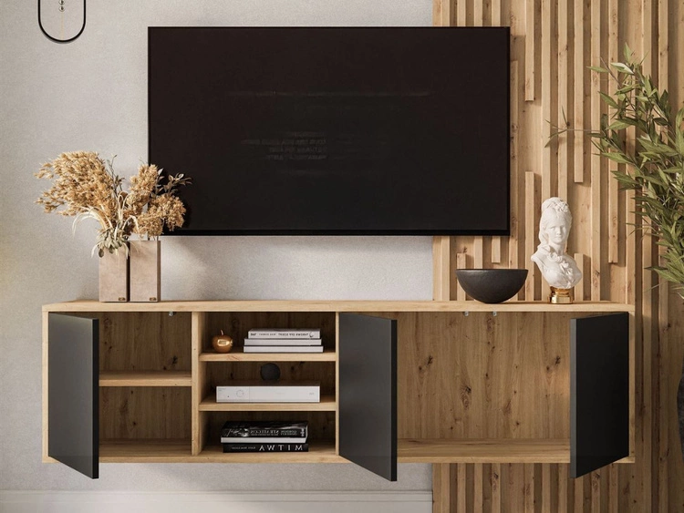 Szafka RTV pod telewizor wisząca z drzwiczkami Vivance Czarny i dąb artisan