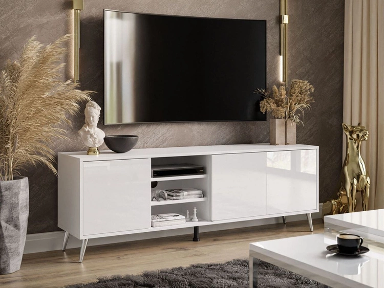 Szafka RTV pod telewizor z drzwiczkami na srebrnych nogach Vivance Biały połysk