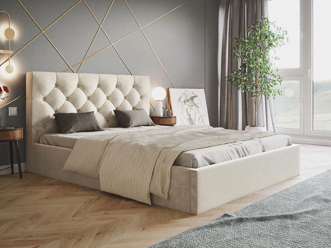 Łóżko tapicerowane z pojemnikiem i stelażem 180x200 Selva Beżowy