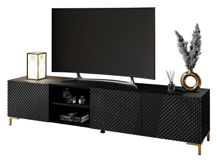 Szafka RTV ze złotymi prostymi nóżkami i frezowanymi frontami 3D Celiane czarny połysk