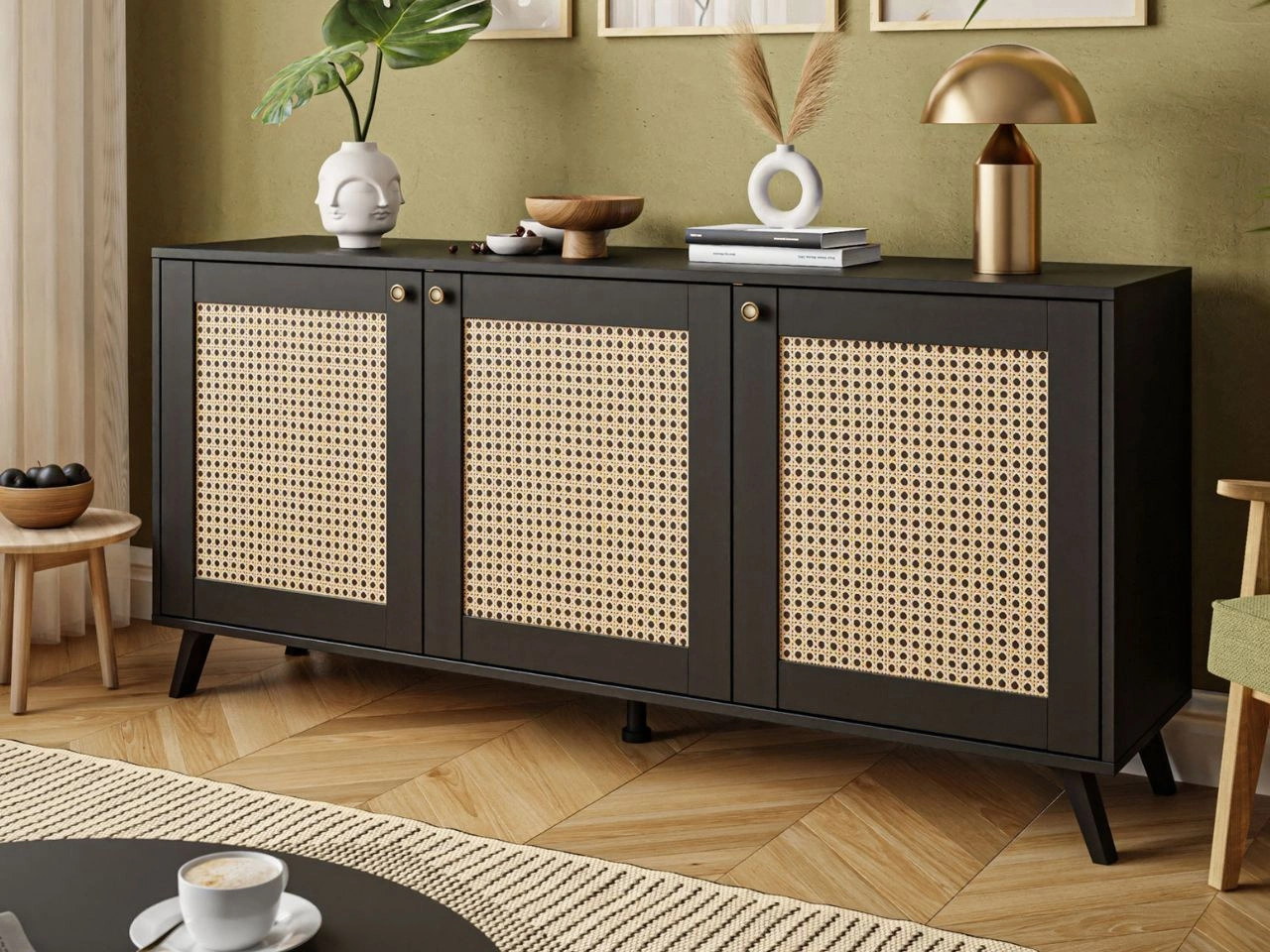 Komoda  boho trzydrzwiowa z nadrukiem plecionki Bellance czarna