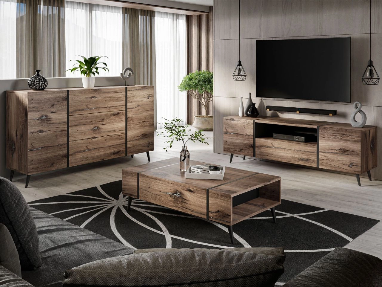 Zestaw mebli do salonu w stylu loftowym na nóżkach Lunelie Dąb Flagstaff