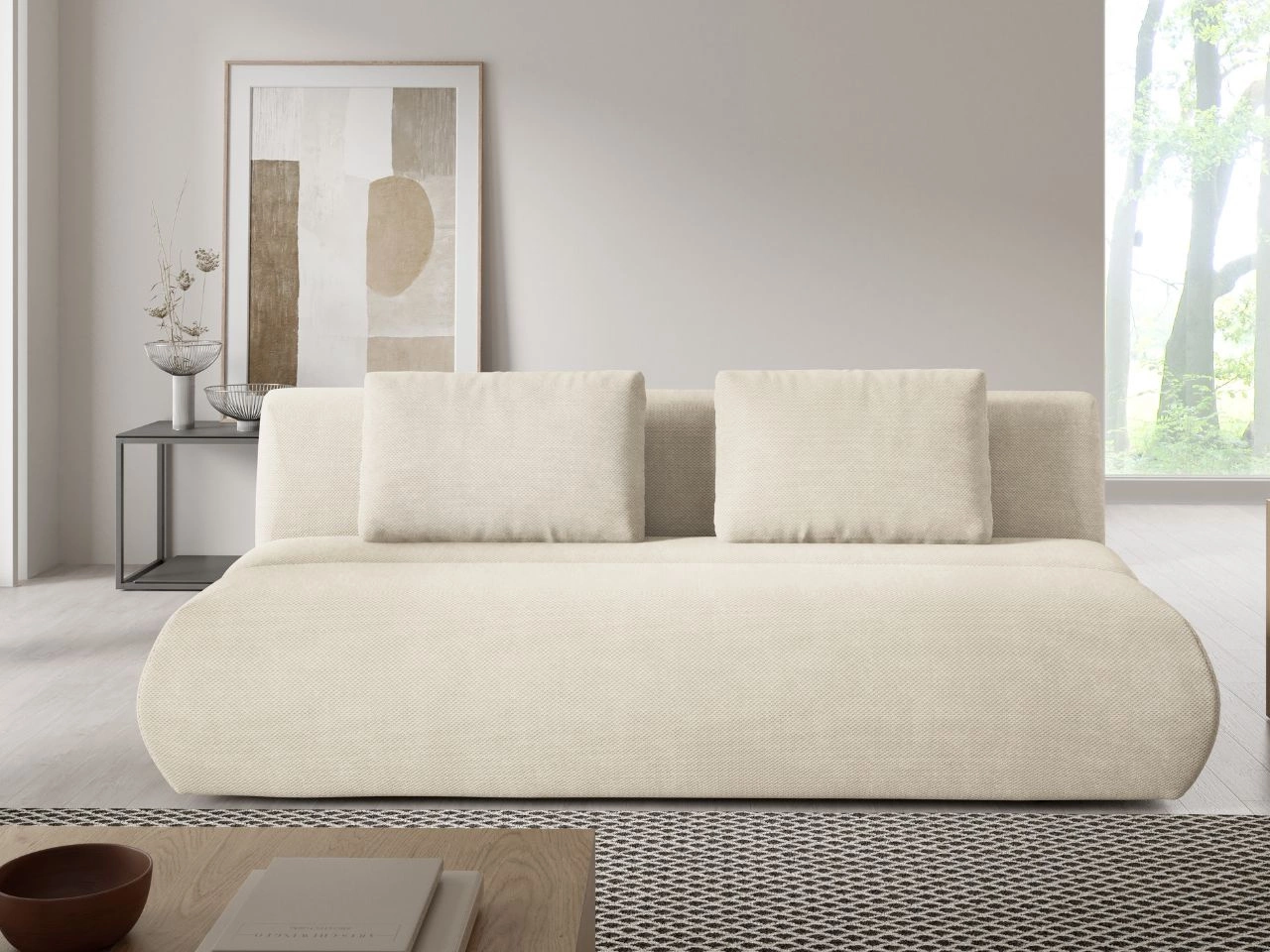 Kanapa z regulowanym oparciem, funkcją spania i pojemnikiem Figo Kremowa