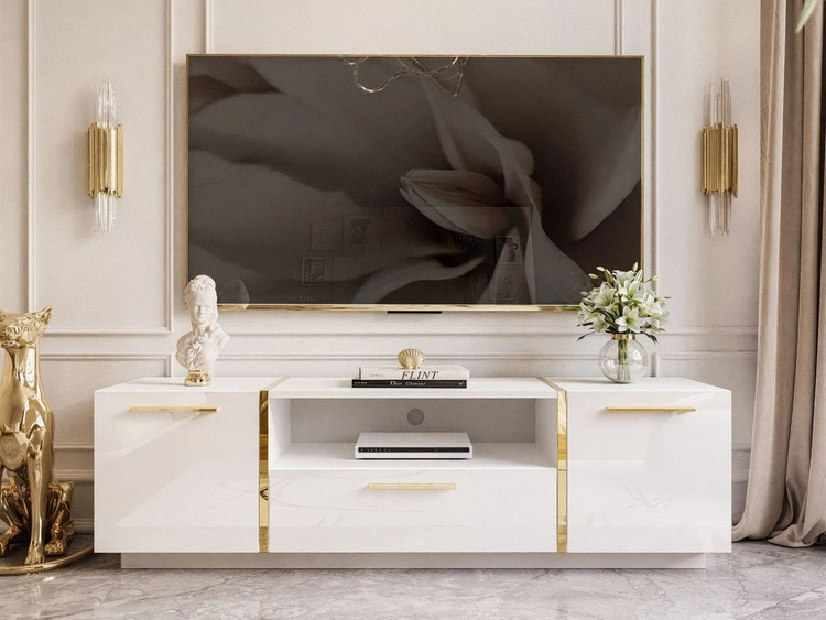 Szafka RTV w stylu glamour dwudrzwiowa z szufladą Lunelie biały połysk