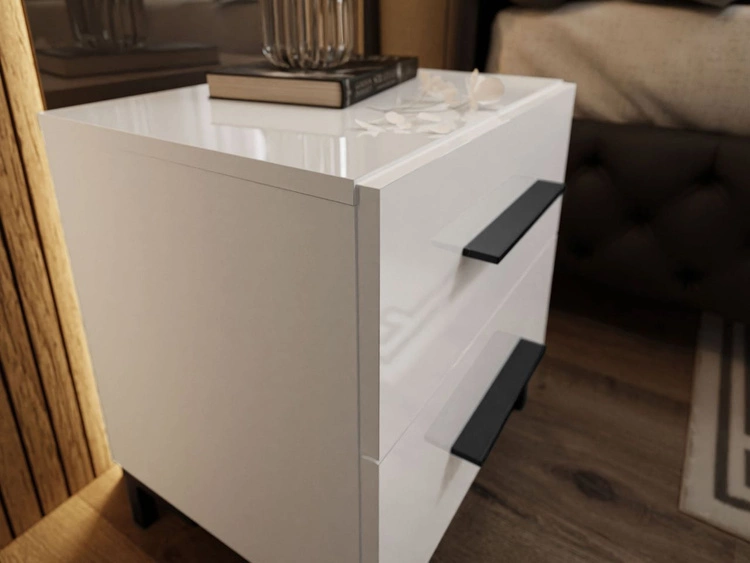 Stolik nocny z dwoma szufladami na czarnych nogach Nuveo Lux Biały Połysk