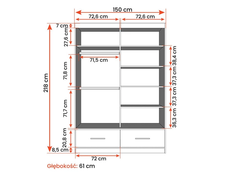 Szafa trzydrzwiowa z drzwiami przesuwnymi 150 cm Fiore Szary, Biały z lustrem