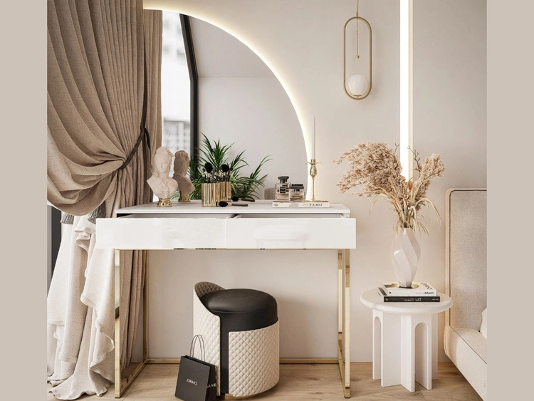 Toaletka kosmetyczna prawostronna z szufladami i oświetleniem LED na złotych nogach Clarette Biały połysk