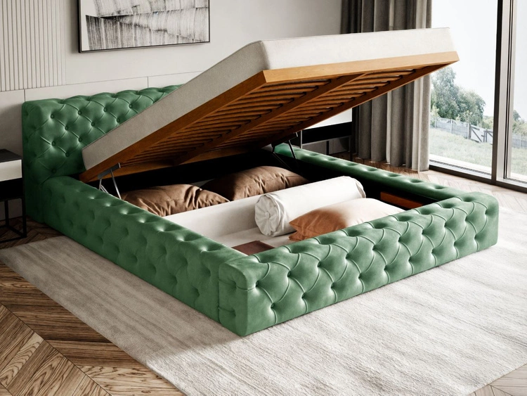 Łóżko tapicerowane z pojemnikiem i stelażem 120x200 cm Palini Zielone