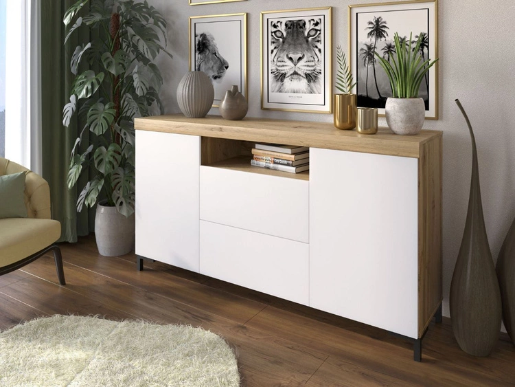Zestaw mebli do salonu - szafka RTV i komoda na czarnych nóżkach Asumi Biały i dąb wotan