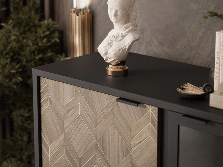 Witryna stojąca do salonu z oświetleniem LED niska Tavio Czarna, Liam Gold