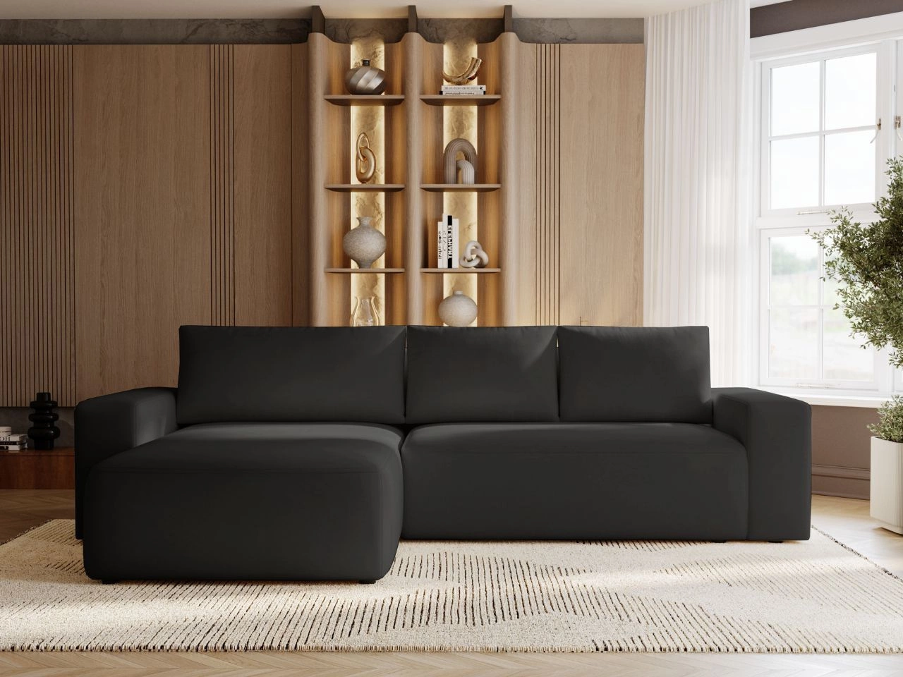 Narożnik L Lewy  z funkcją spania i pojemnikiem Tazones Czarny