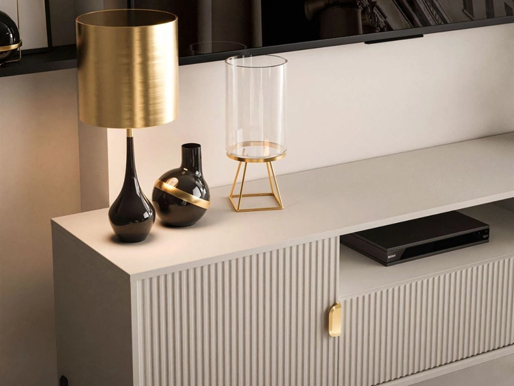 Szafka RTV szeroka dwudrzwiowa na czarnych nogach z szufladą Orlean kaszmir mat