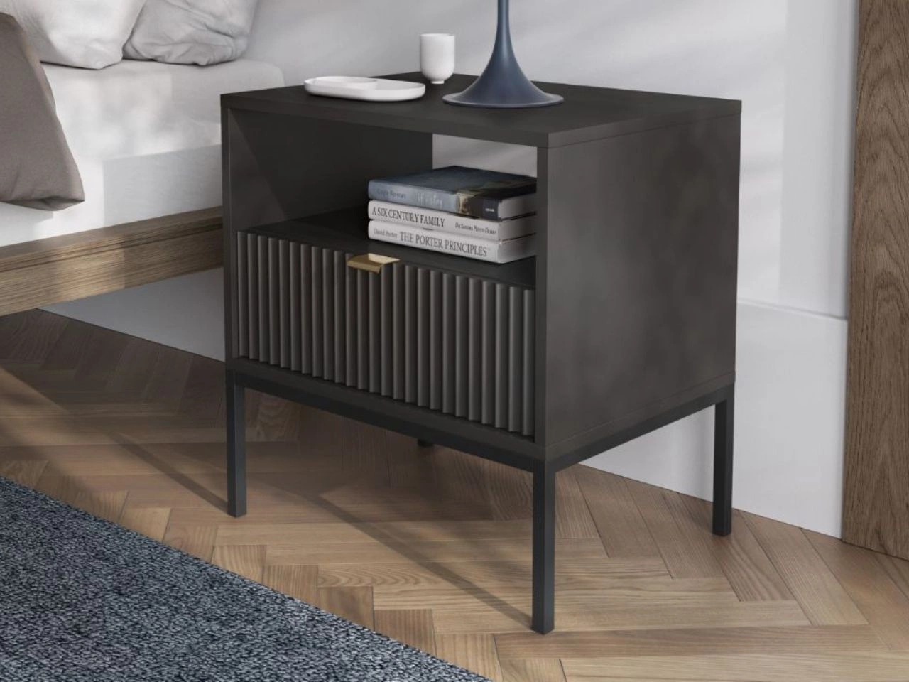 Stolik nocny z szufladą Amber czarny na czarnych nogach