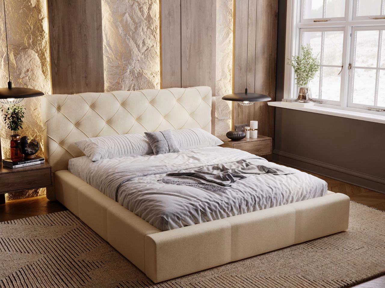 Łóżko tapicerowane z pojemnikiem i stelażem 200x200 Milano Beżowe
