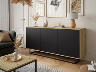 Trzydrzwiowa komoda 154 cm w stylu loft na czarnym stelażu Vivance czarny mat i dąb artisan