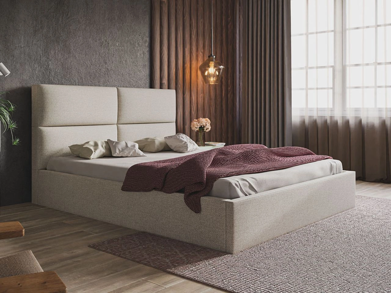 Łóżko tapicerowane z pojemnikiem i stelażem 160x200 Marad beżowe