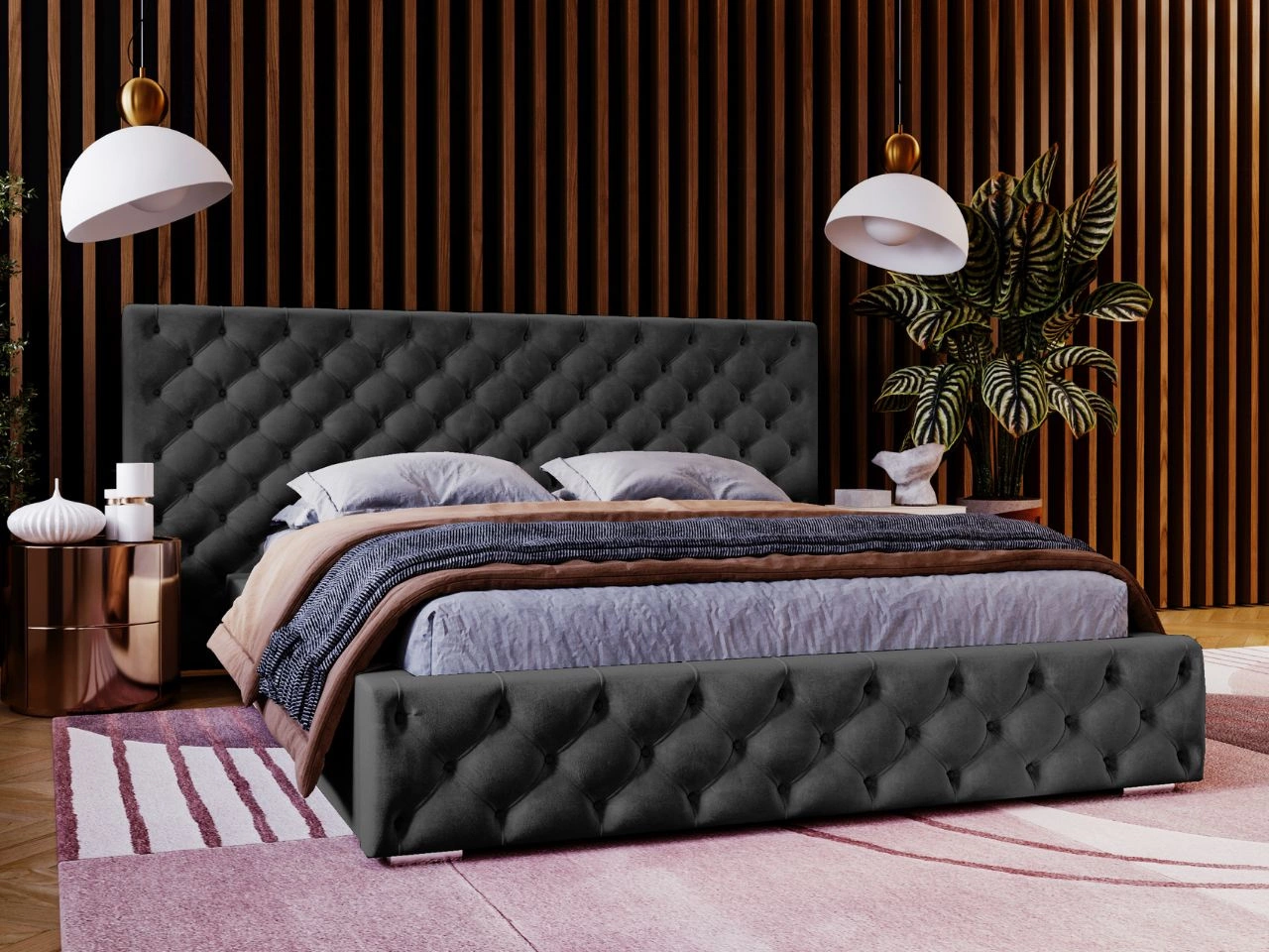 Łóżko tapicerowane z pojemnikiem i stelażem 140x200 cm Madera Czarne