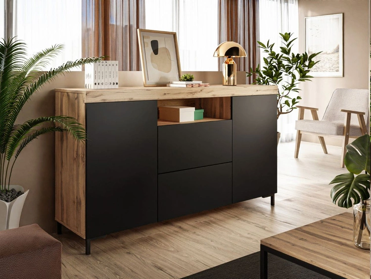 Dwudrzwiowa komoda 164 cm w stylu loft Asumi czarny mat i dąb wotan