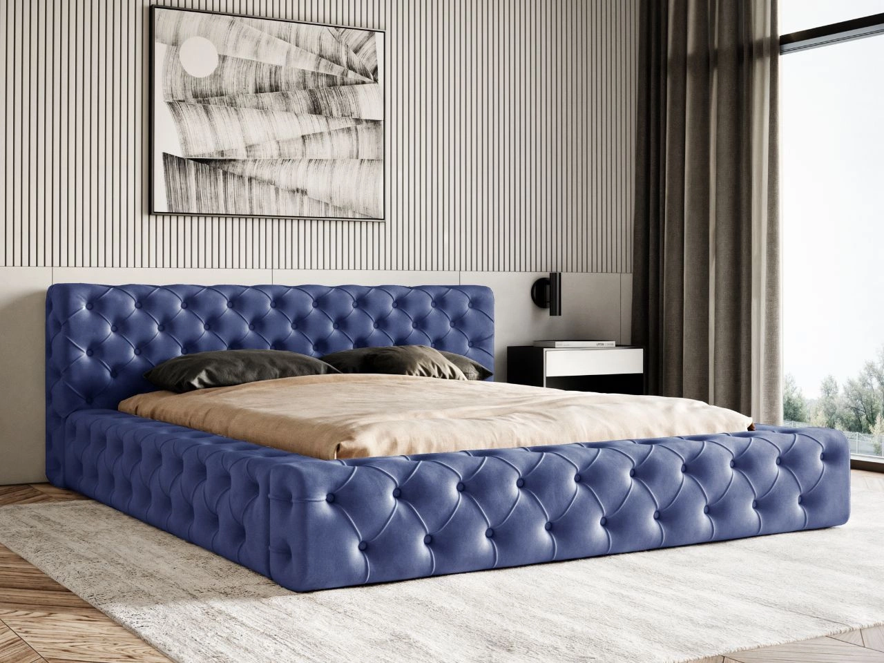 Łóżko tapicerowane z pojemnikiem i stelażem 160x200 cm Palini Ciemnoniebieskie