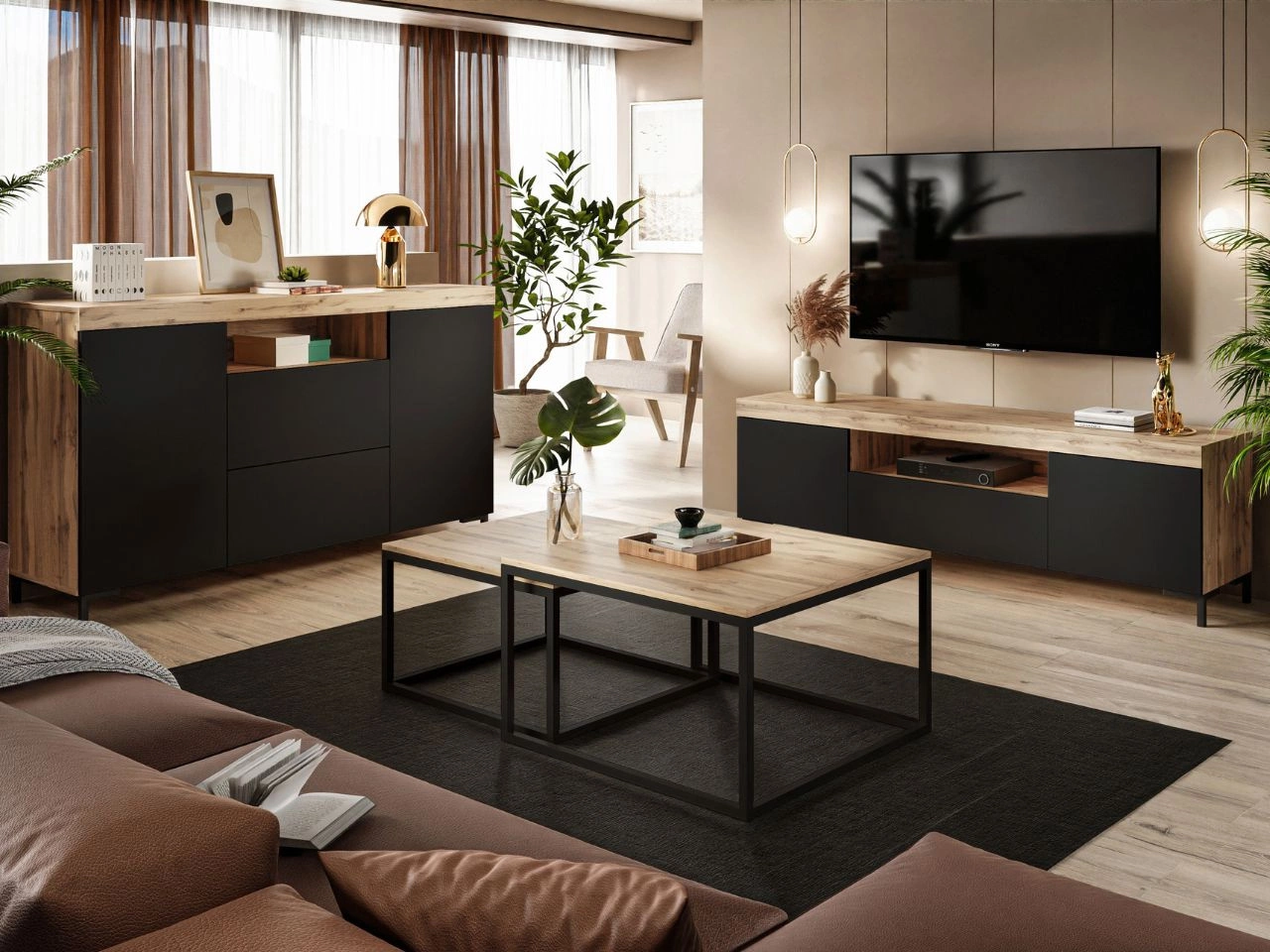 Zestaw mebli do salonu w loftowym stylu Asumi Czarny i dąb wotan