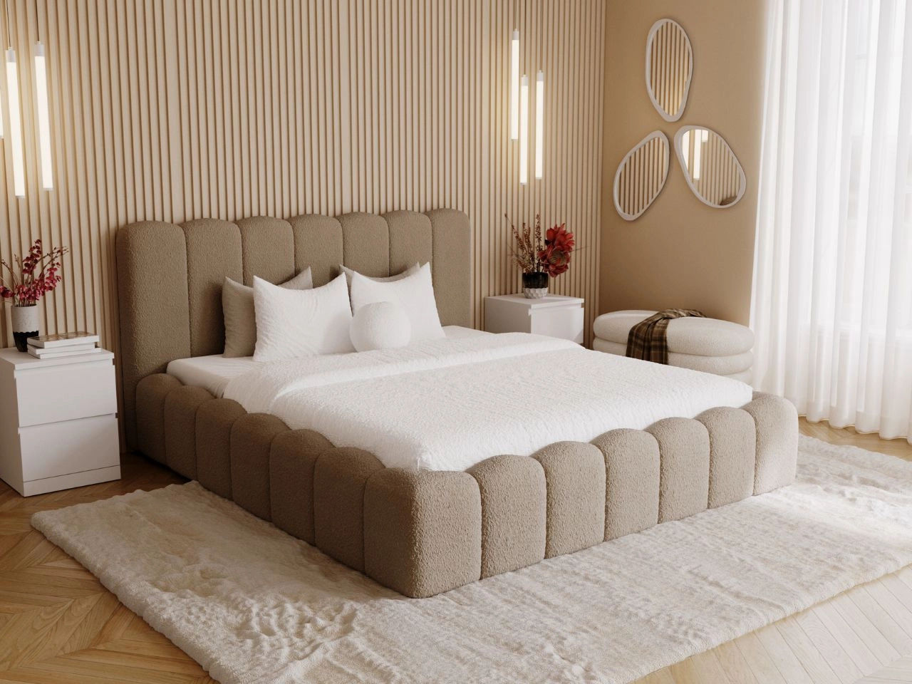 Łóżko tapicerowane z pojemnikiem i stelażem 200x200 Smile Brązowe