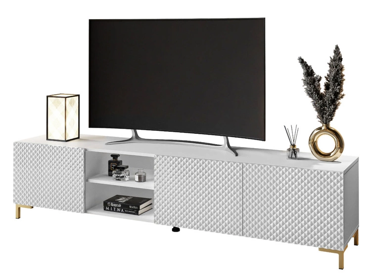 Szafka RTV ze złotymi prostymi nóżkami i frezowanymi frontami 3D Celiane biały połysk