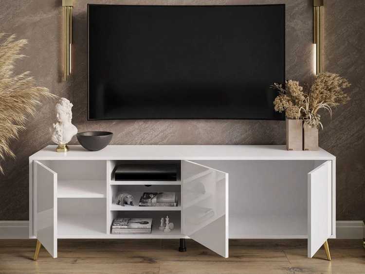 Szafka RTV pod telewizor z drzwiczkami na złotych nogach Vivance Biały połysk