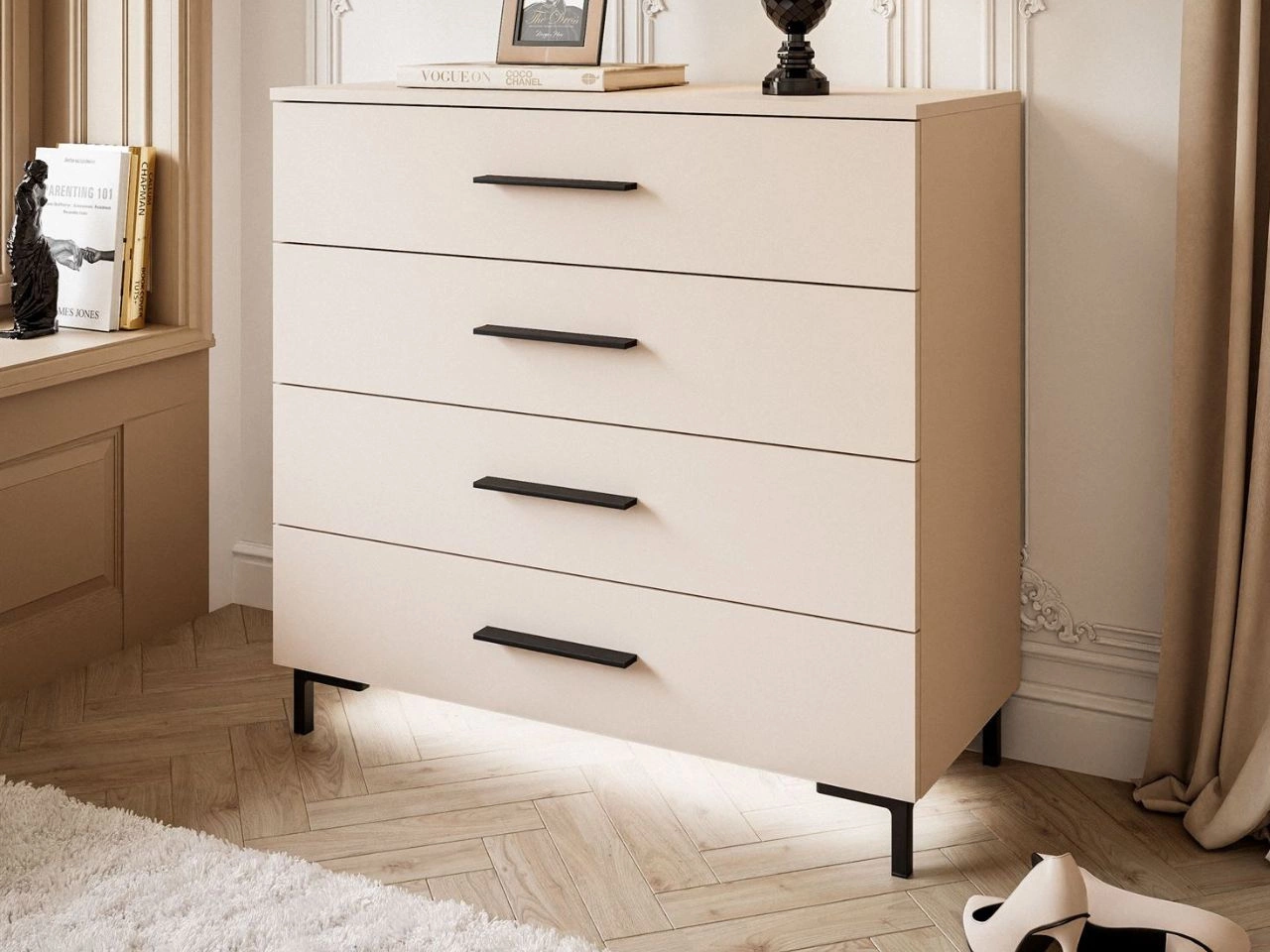 Komoda z szufladami i oświetleniem LED na czarnych nogach Nuveo Kaszmir