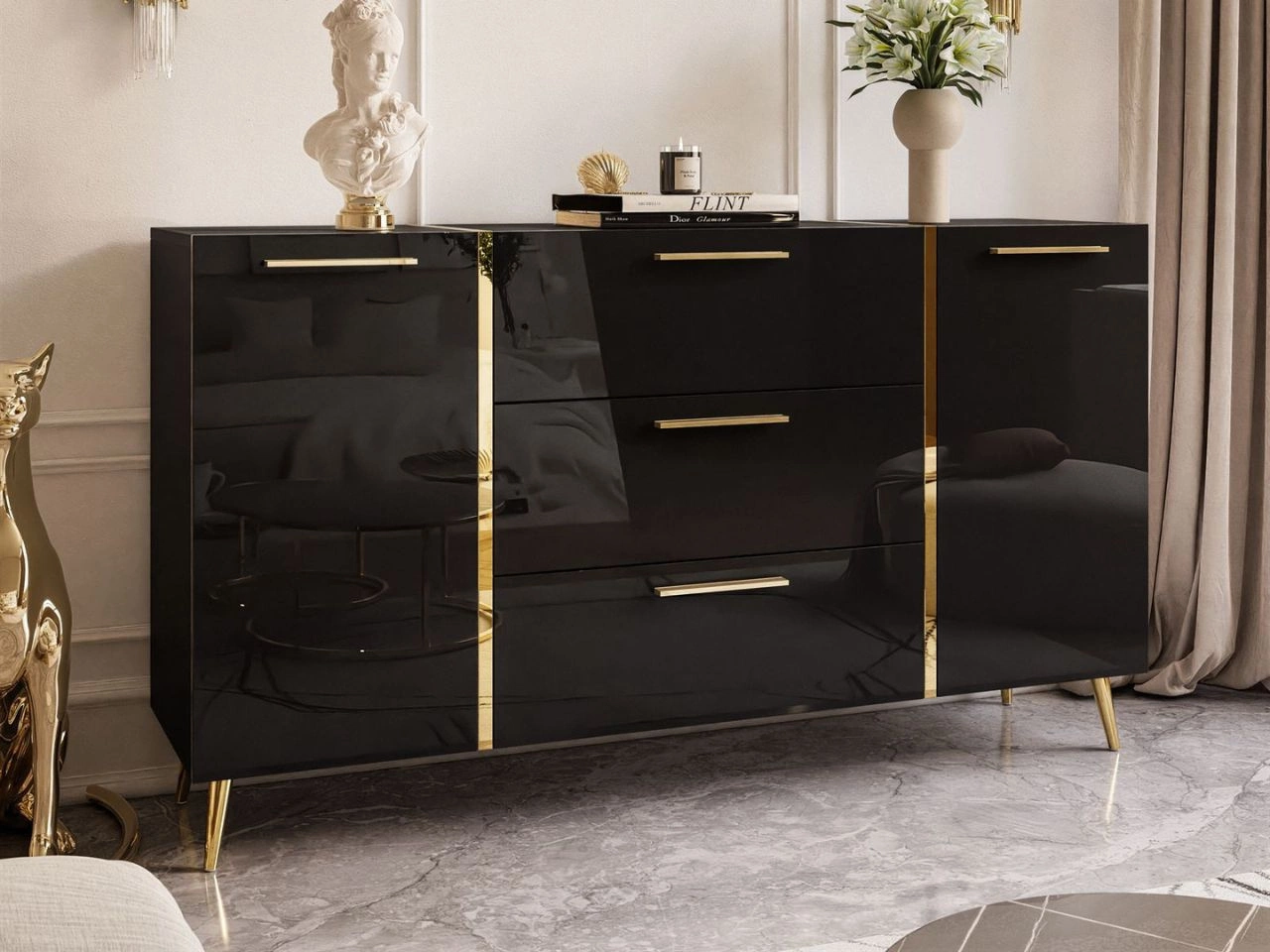 Dwudrzwiowa komoda 158 cm z trzema szufladami i złotymi uchwytami Lunelie czarny połysk