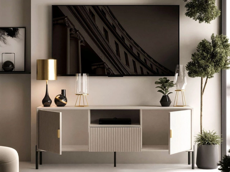 Szafka RTV dwudrzwiowa na czarnych nogach z szufladą Orlean kaszmir mat