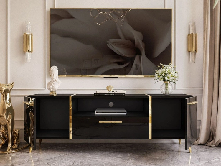 Szafka RTV w stylu glamour z szafkami i szufladą Lunelie czarny połysk
