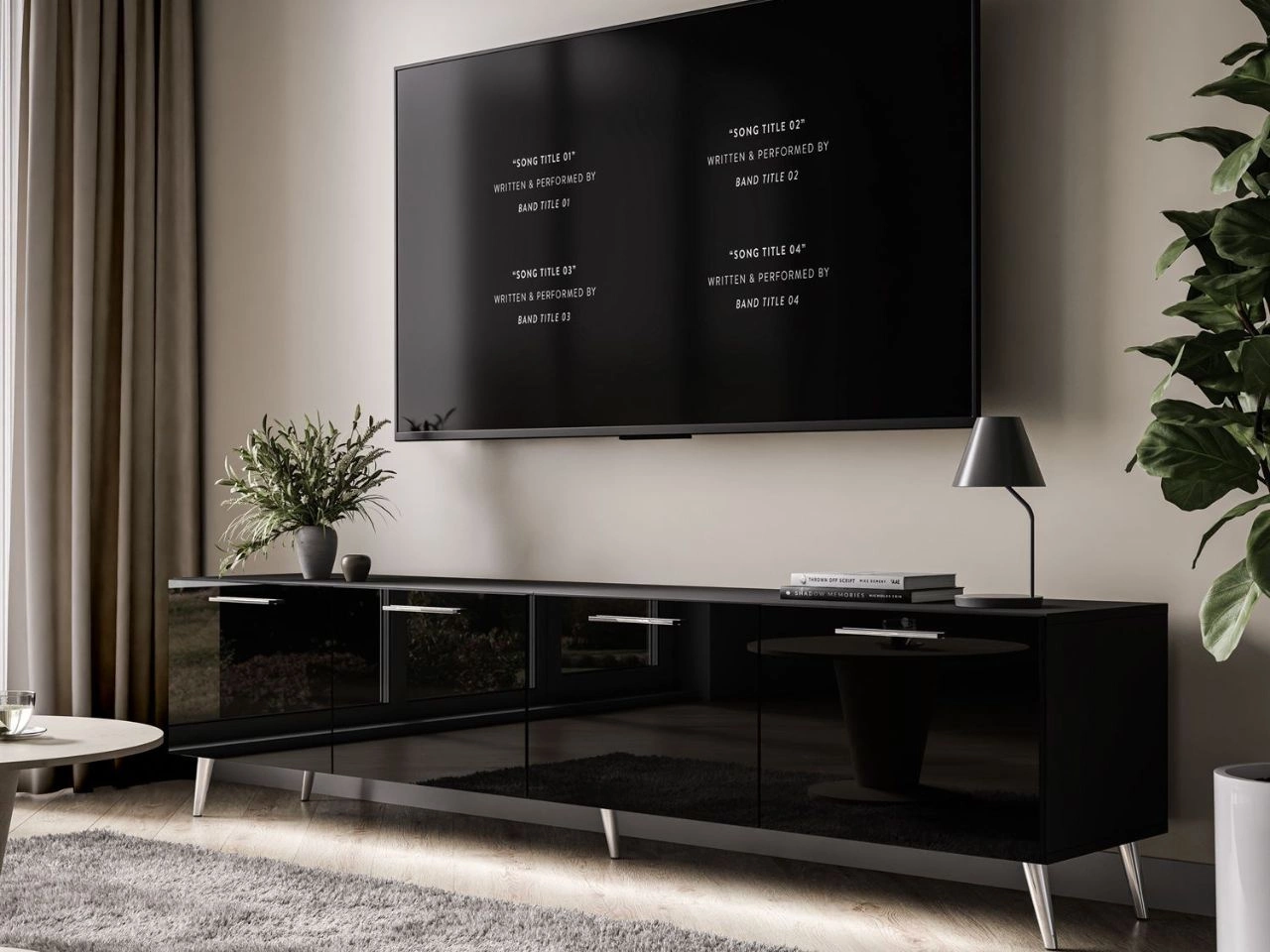 Szafka RTV pod telewizor z drzwiczkami i oświetleniem LED na srebrnych nóżkach 200 cm Noaé Czarny Połysk