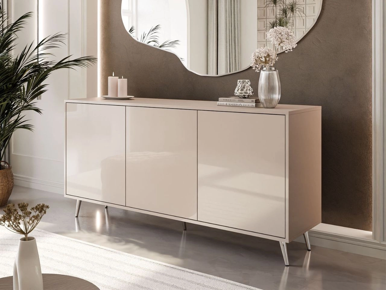 Trzydrzwiowa komoda 154 cm w stylu glamour na srebrnych nogach Vivance kaszmir połysk