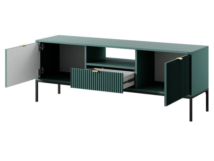 Szafka pod telewizor z szufladami i drzwiczkami Amber zielona na czarnych nogach