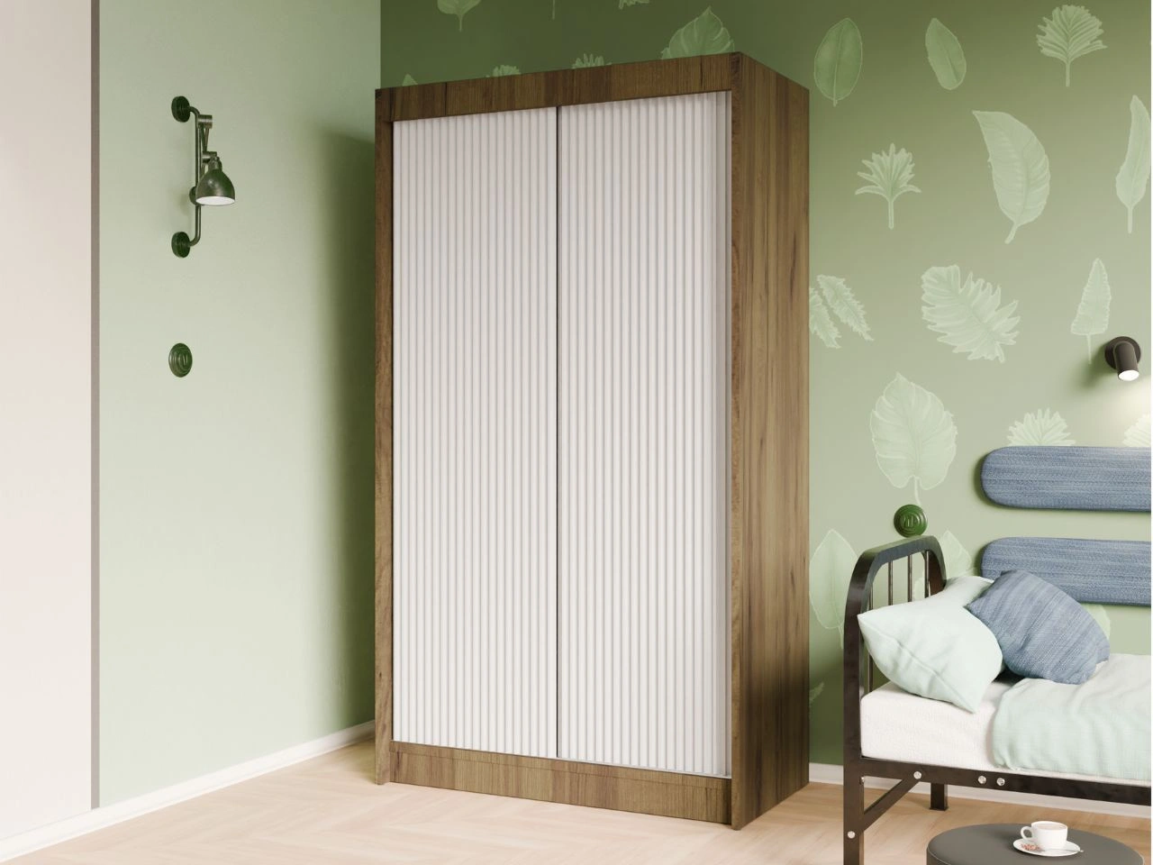 Szafa przesuwna z ryflowanym frontem 120 cm Fano Dąb Craft Złoty, Biała