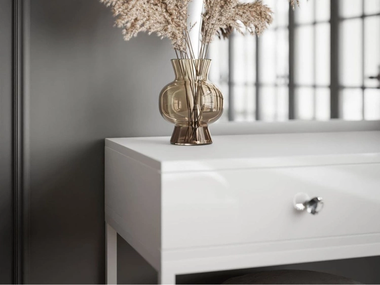 Toaletka kosmetyczna lewostronna z szufladami i oświetleniem LED na białych nogach Clarette Biały połysk