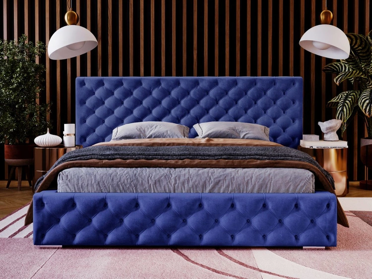 Łóżko tapicerowane z pojemnikiem i stelażem 120x200 cm Madera Niebieskie