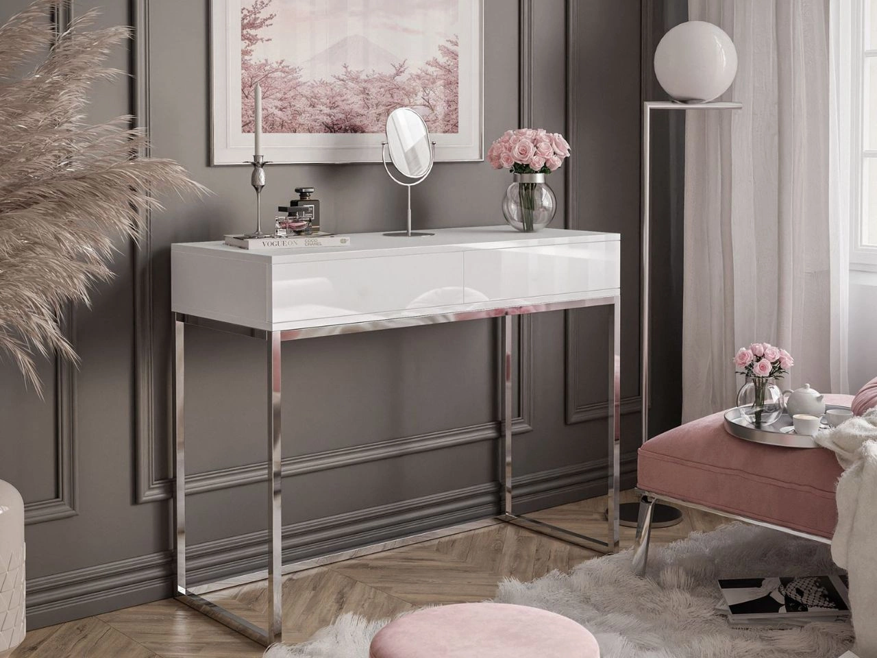 Konsola z szufladami i srebrnym stelażem w stylu glamour Brisa biały połysk