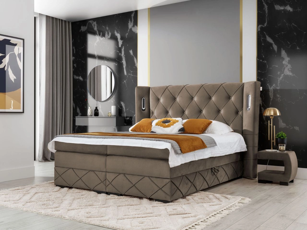 Łóżko kontynentalne z pojemnikiem na pościel 160x200 Neria Lux Brązowe