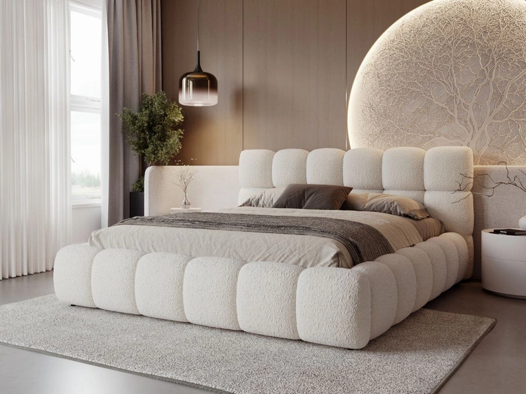 Łóżko tapicerowane z pojemnikiem na pościel i stelażem 140x200 Modo w tkaninie bouclé Beżowe 