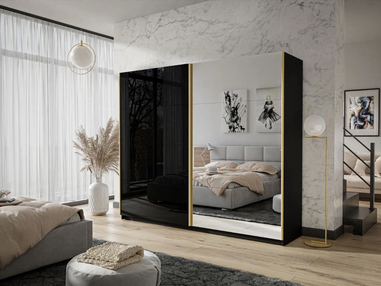 Szafa dwudrzwiowa z drzwiami przesuwnymi i lustrem 244 cm Noaé Czarny połysk 