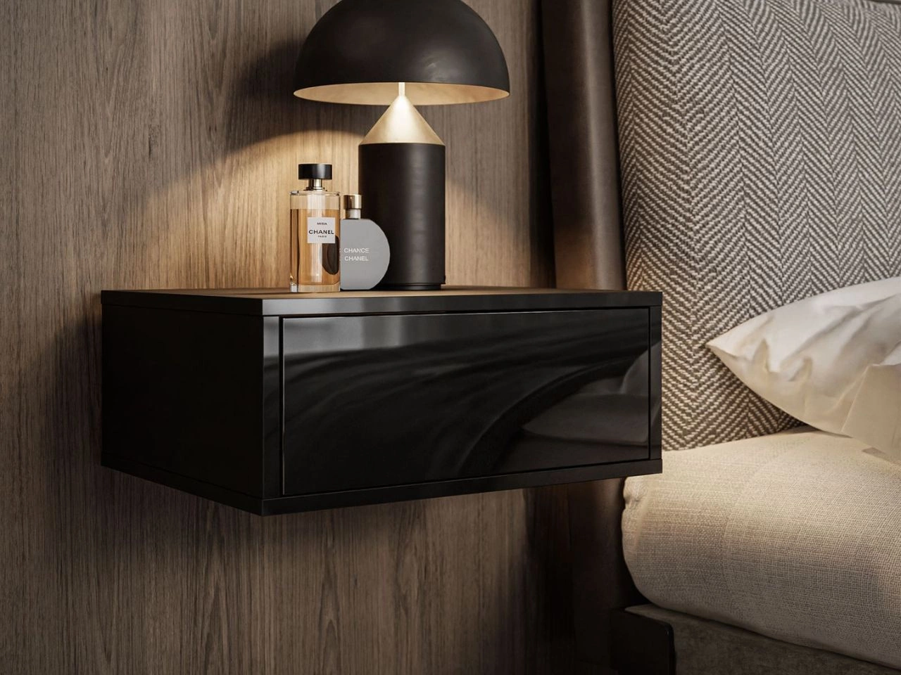 Stolik nocny wiszący z szufladą Brisa czarny połysk